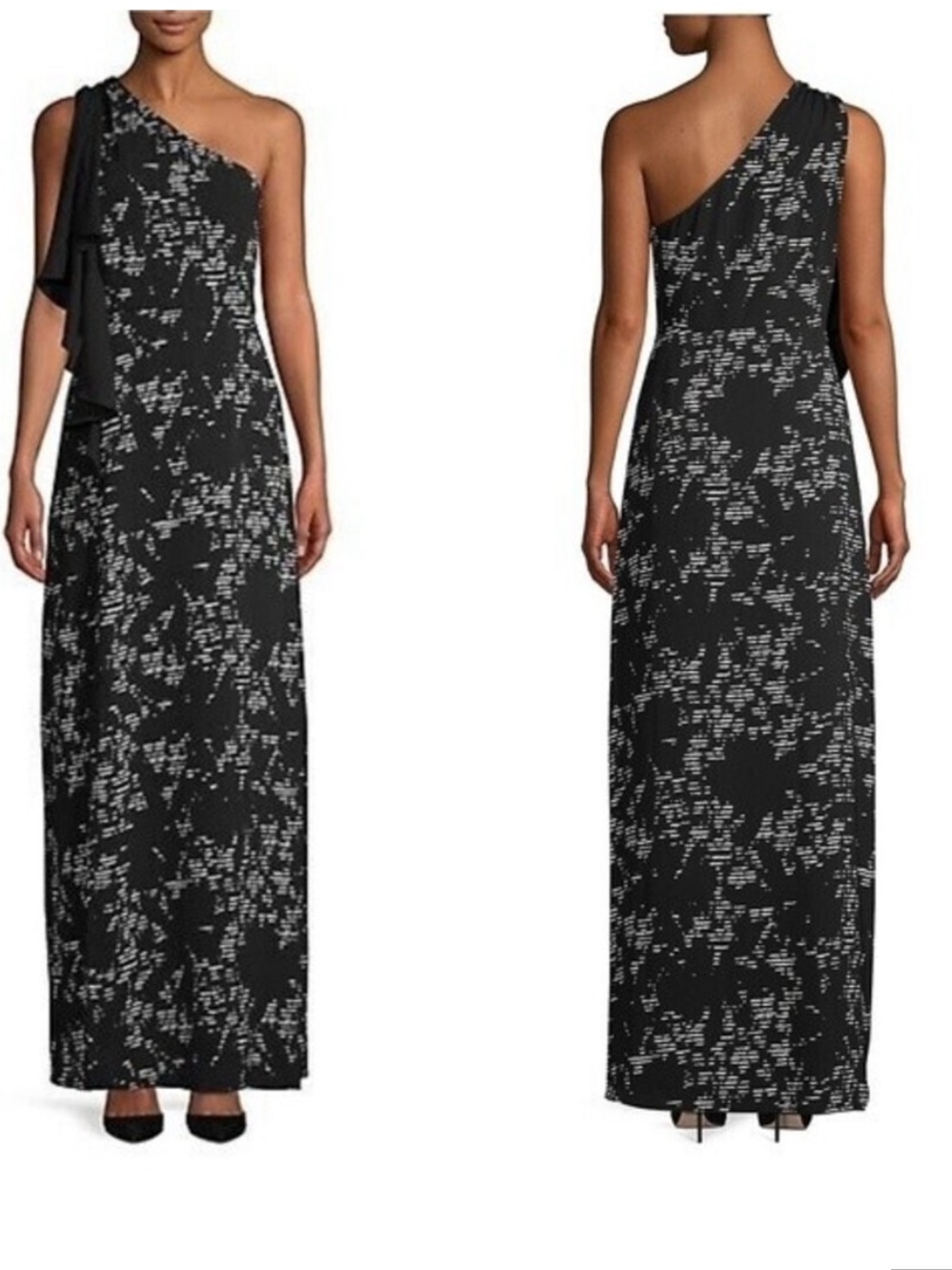 👗Halston Heritage Black and White One-Shoulder Ruffle Gown